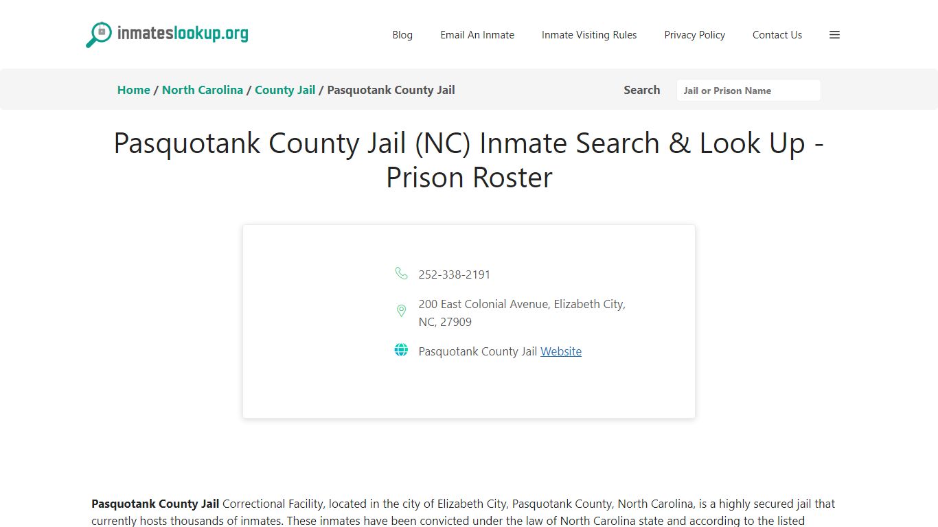 Pasquotank County Jail (NC) Inmate Search & Look Up - Prison Roster